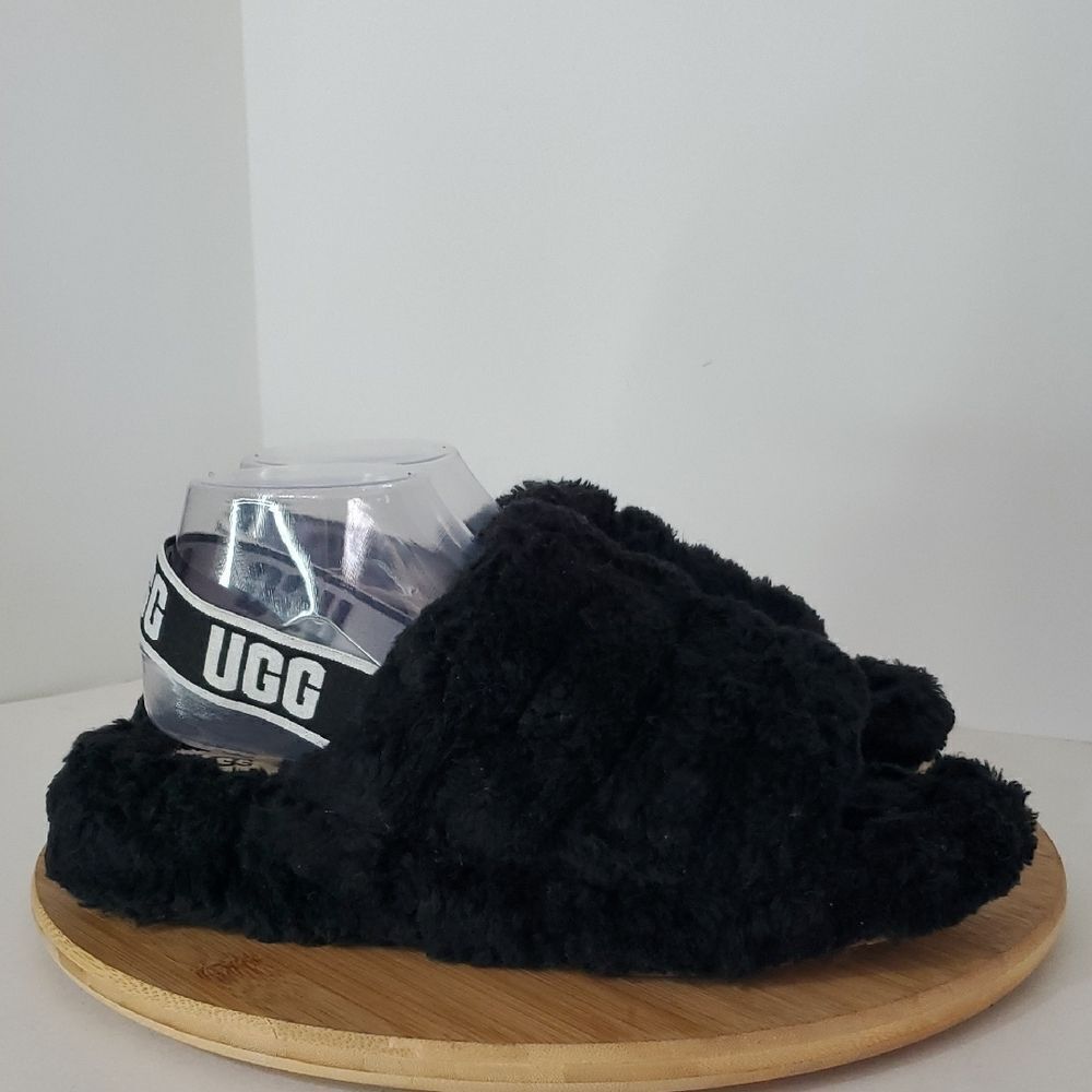 UGG Fluff Yeah Black Fuzzy Slide Sandals with Logo Strap Size 10
